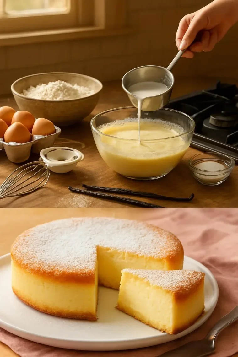 Magischer Vanillepuddingkuchen mit cremiger Vanillefüllung und dekorativem Belag