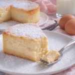 Magischer Vanillepuddingkuchen auf einem Teller, garnierte mit frischen Beeren.