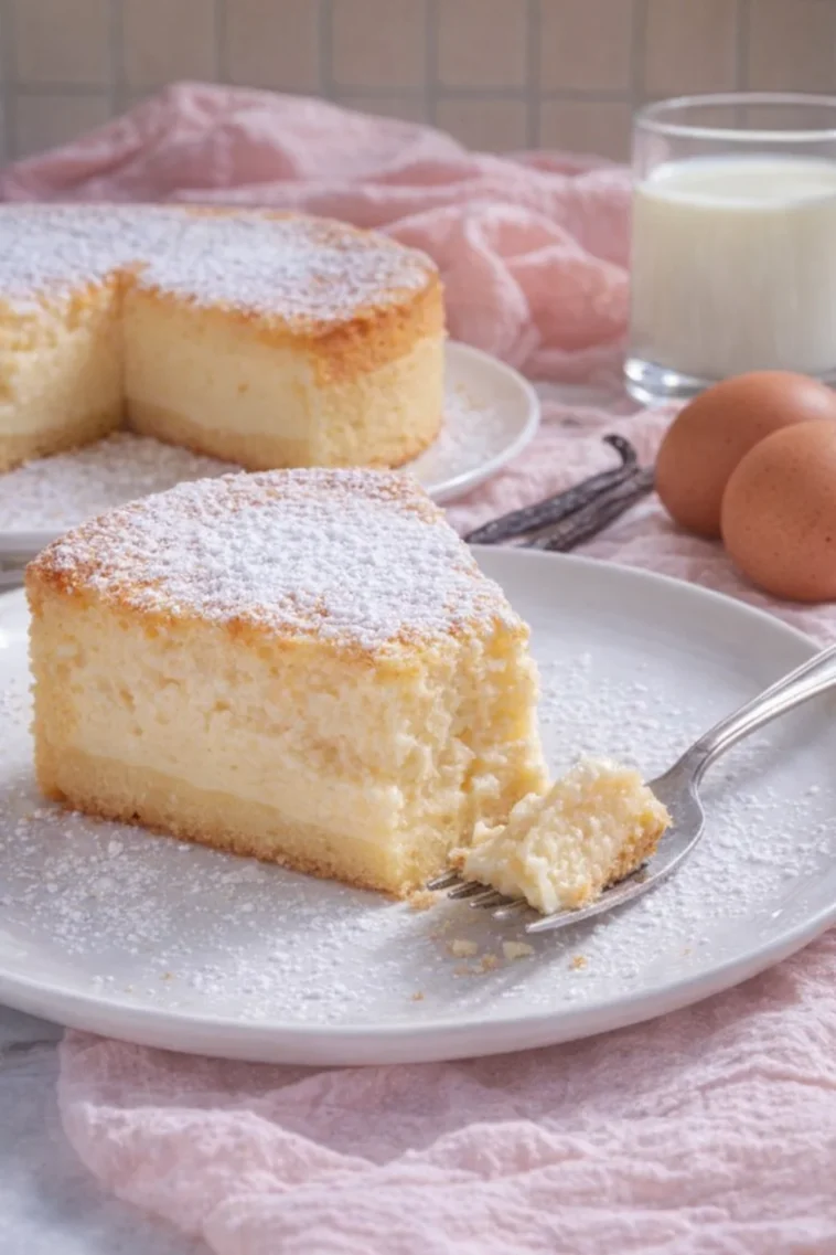 Magischer Vanillepuddingkuchen auf einem Teller, garnierte mit frischen Beeren.