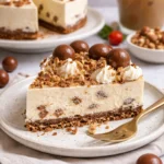 Leckerer Malteser Käsekuchen auf einem Teller dekoriert mit Schokoladensplittern