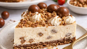 Leckerer Malteser Käsekuchen auf einem Teller dekoriert mit Schokoladensplittern