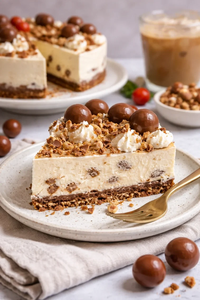 Leckerer Malteser Käsekuchen auf einem Teller dekoriert mit Schokoladensplittern