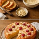 Mandel-Croissant-Kuchen mit Mandeln und goldenem Teig