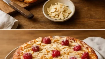 Mandel-Croissant-Kuchen mit Mandeln und goldenem Teig