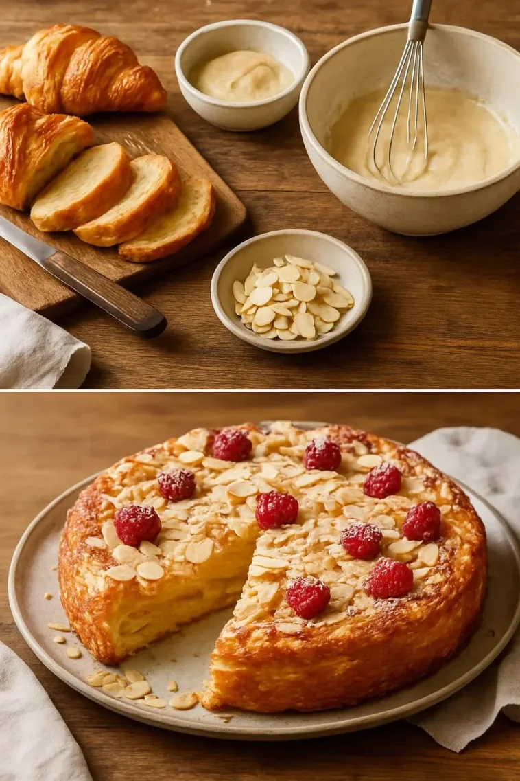 Mandel-Croissant-Kuchen mit Mandeln und goldenem Teig