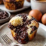 Marmorierte Muffins aus Schokolade und Vanille auf einem rustikalen Holzbrett