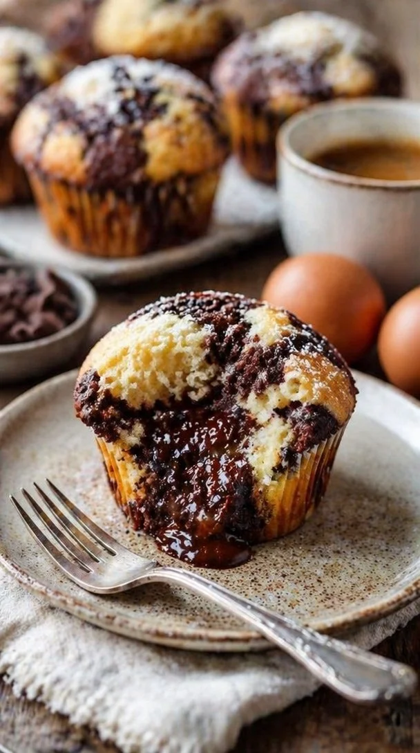 Marmorierte Muffins aus Schokolade und Vanille auf einem rustikalen Holzbrett