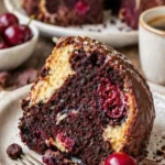 Marmorkuchen mit Kirschen und Schokoladenguss auf einem weißen Teller