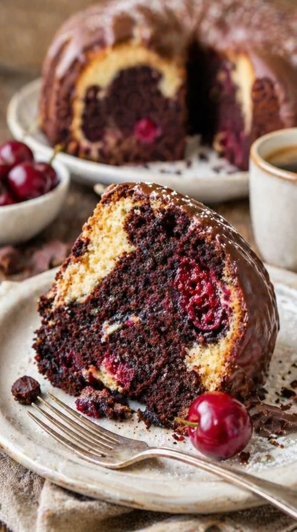 Marmorkuchen mit Kirschen und Schokoladenguss auf einem weißen Teller