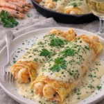 Meeresfrüchte-Crépes mit Béchamelsauce auf einem Teller
