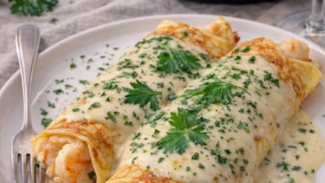 Meeresfrüchte-Crépes mit Béchamelsauce auf einem Teller