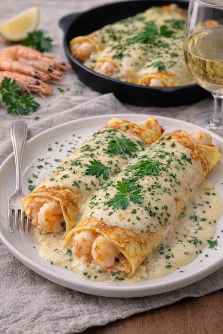 Meeresfrüchte-Crépes mit Béchamelsauce auf einem Teller