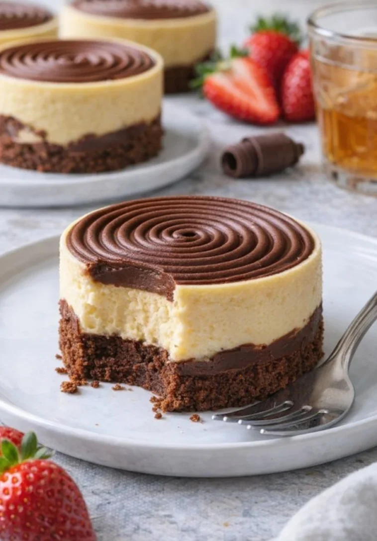 Mini Cheesecakes mit Brownieboden auf einem Teller serviert