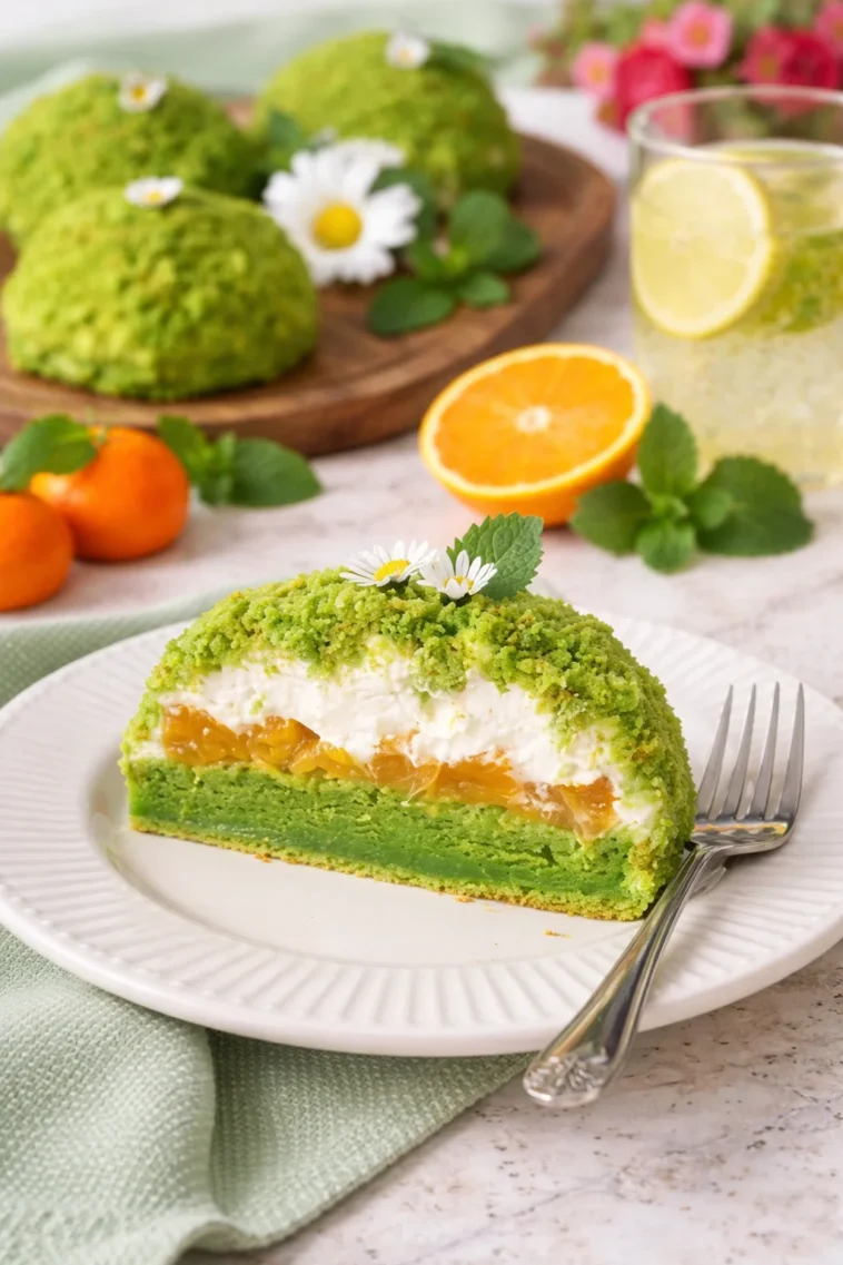 Mini-Frühlingskuchen mit bunten Frühlingszutaten auf einem Teller