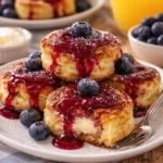 Mini Pancake Bites mit Blaubeermarmelade und Frischkäse auf einem Teller