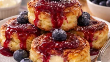 Mini Pancake Bites mit Blaubeermarmelade und Frischkäse auf einem Teller