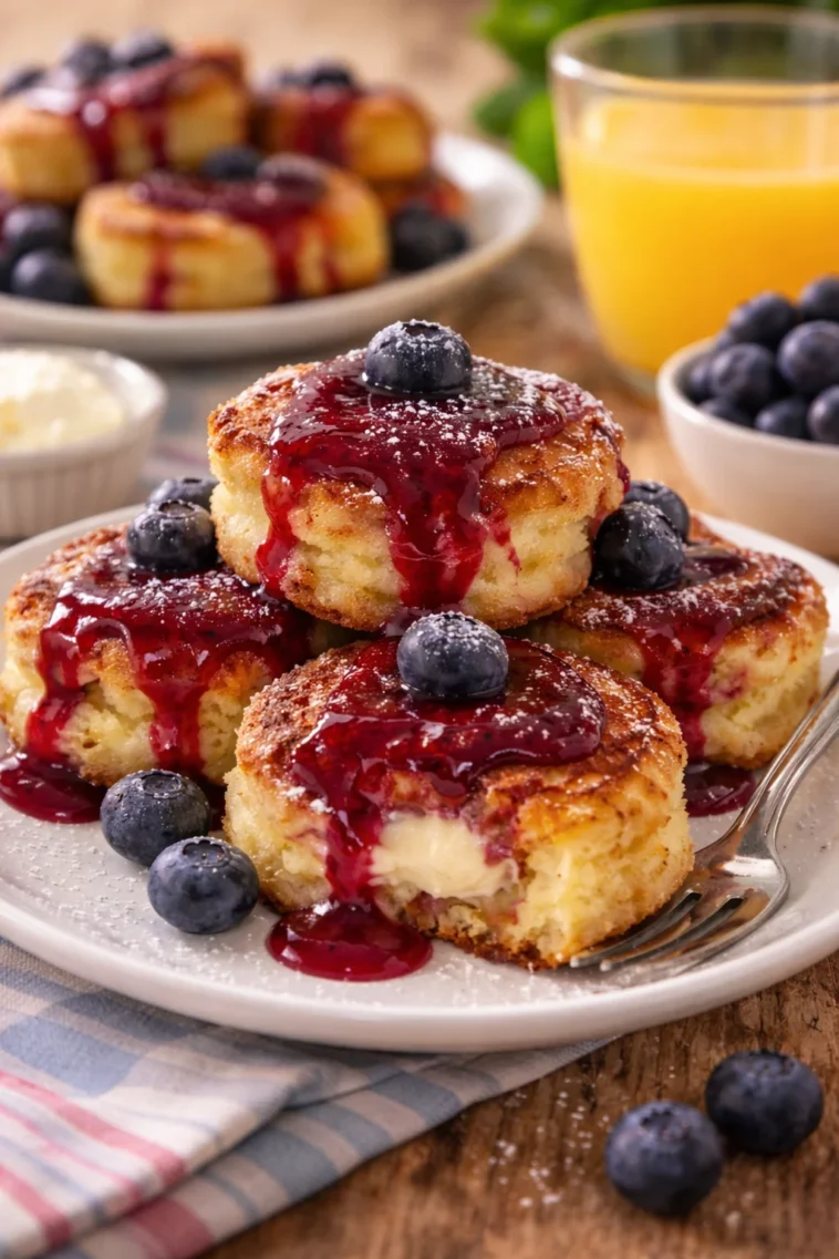 Mini Pancake Bites mit Blaubeermarmelade und Frischkäse auf einem Teller