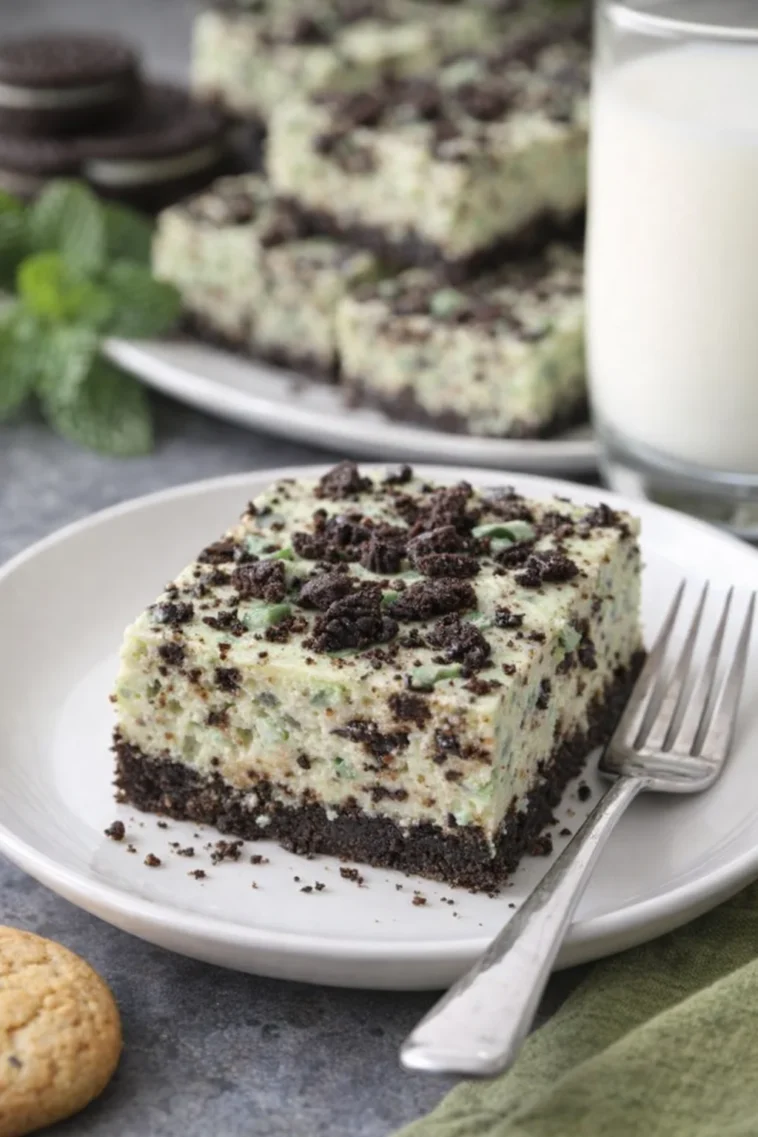 Minz-Oreo-Cheesecake-Riegel auf einem Teller, dekoriert mit Minzblättern