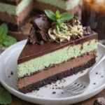 Minz-Schokoladen-Käsekuchen mit frischer Minze und Schokoladentoppings