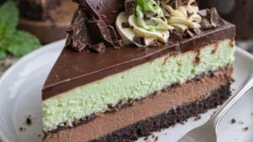 Minz-Schokoladen-Käsekuchen mit frischer Minze und Schokoladentoppings