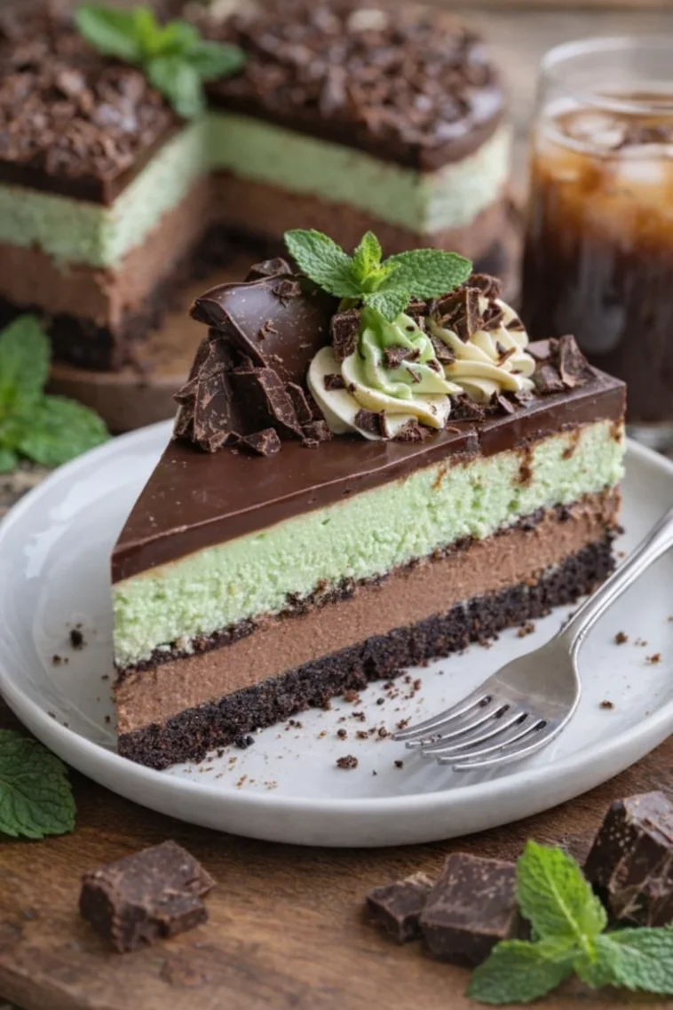 Minz-Schokoladen-Käsekuchen mit frischer Minze und Schokoladentoppings