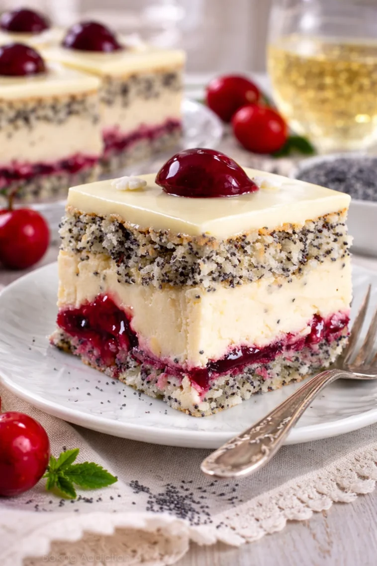 Leckerer Mohn-Kirsch-Kuchen mit saftigem Mohn und frischen Kirschen