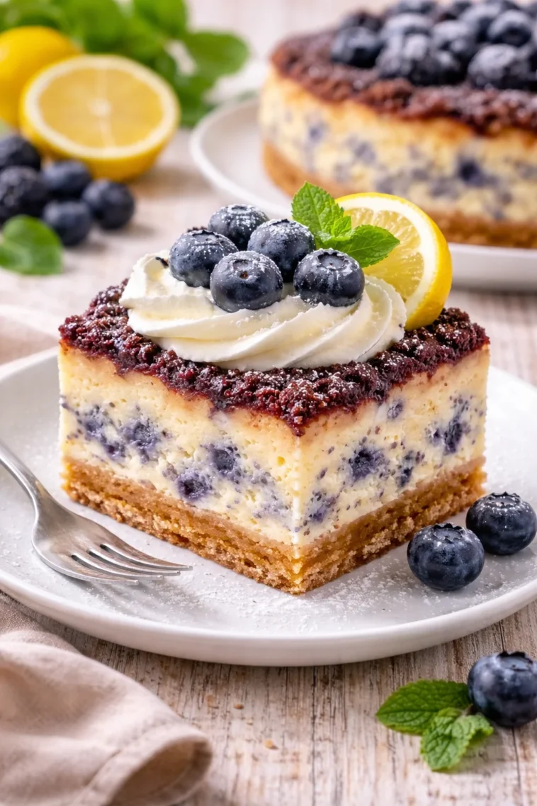 Mohn-Streuselkuchen mit Vanille-Quark-Creme auf einem Teller