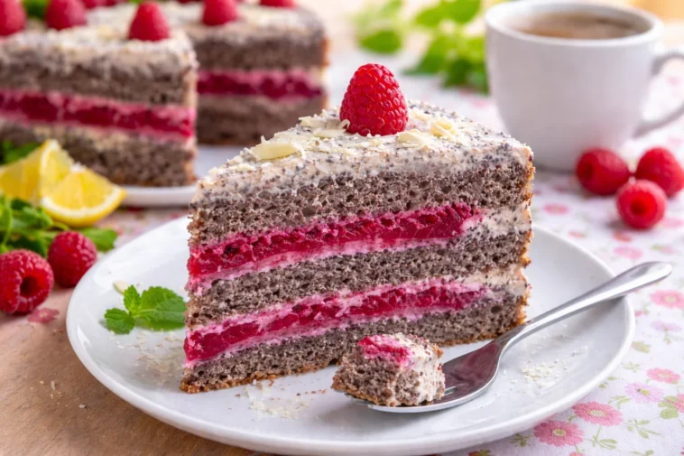 Mohnkuchen mit Himbeeren und Mohnmus auf einem dekorativen Teller