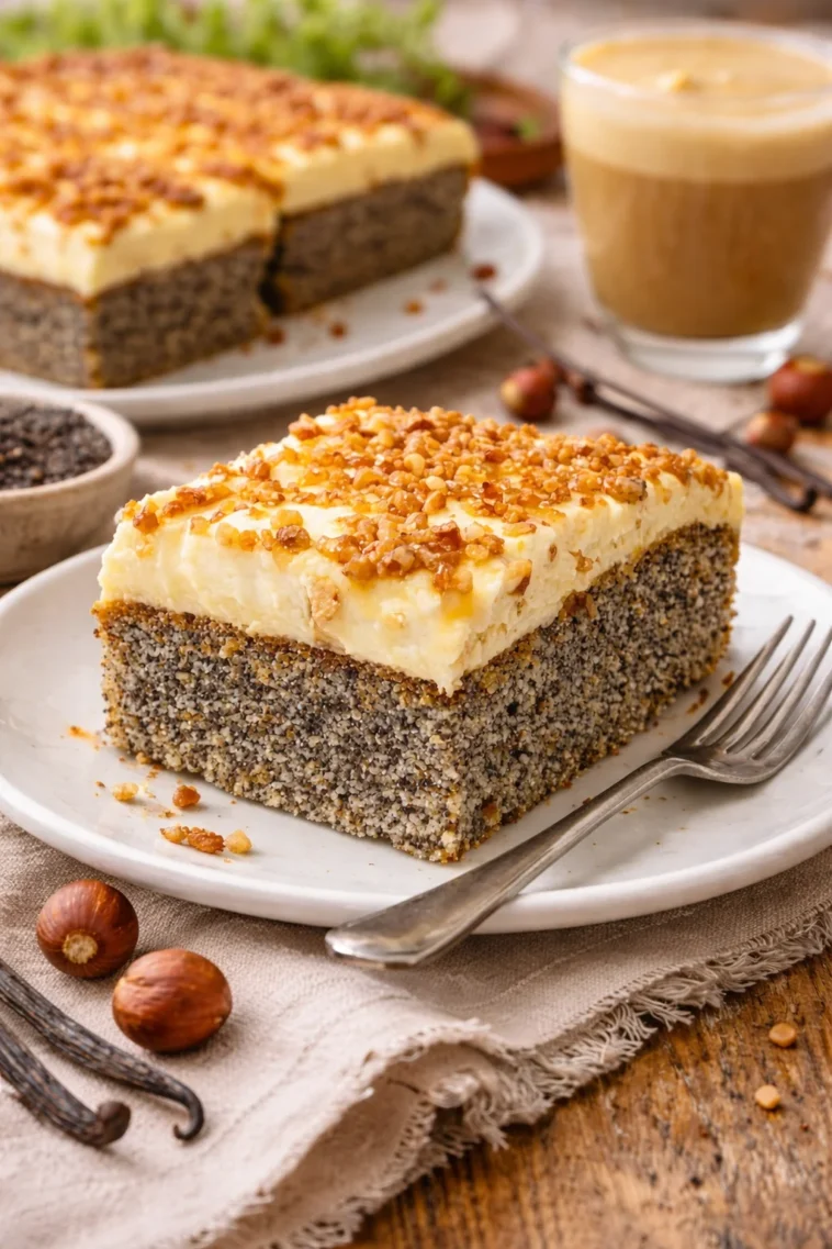 Mohnkuchen ohne Boden mit Paradiescreme und Haselnusskrokant auf einem Teller