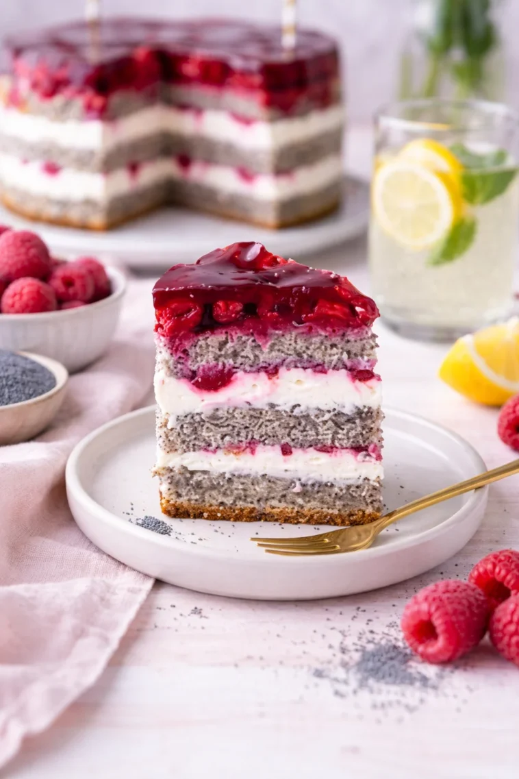 Mohntorte mit Himbeeren - ein köstliches und elegantes Dessert
