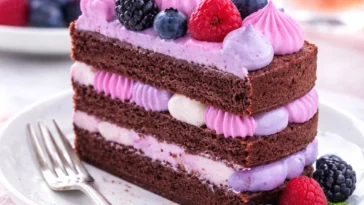 Vegane Nackte Schoko-Beeren-Torte auf einem eleganten Teller