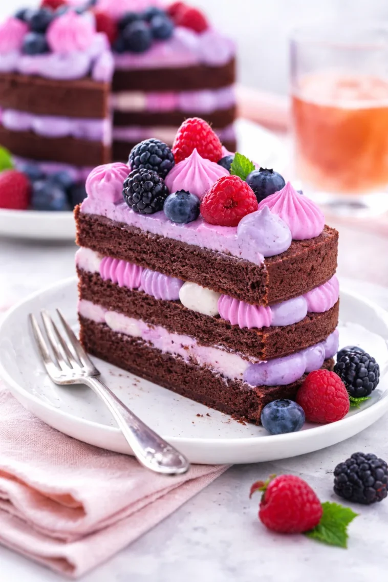 Vegane Nackte Schoko-Beeren-Torte auf einem eleganten Teller