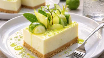 No-Bake Cheesecake mit weißer Schokolade und Limette serviert auf einem Teller