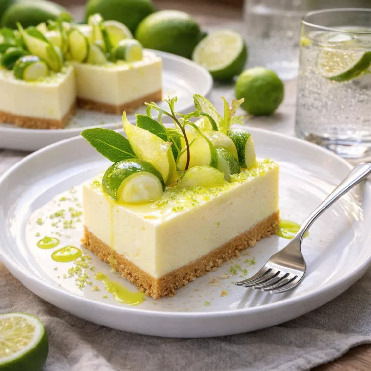 No-Bake Cheesecake mit weißer Schokolade und Limette serviert auf einem Teller