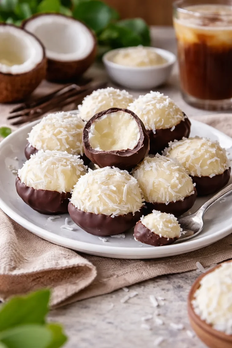 No Bake Kokosnuss-Creme-Bälle auf einem Teller serviert