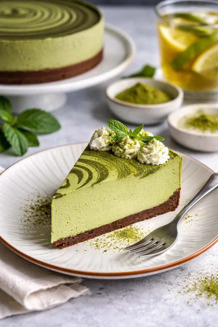 Leckerer No-Bake Matcha-Käsekuchen mit grünem Tee-Geschmack