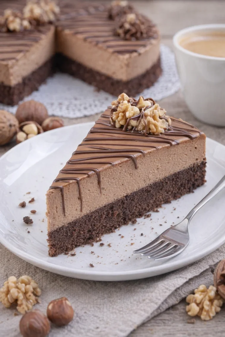 Nuss-Nougat-Torte mit Schokoboden auf einem Teller angerichtet