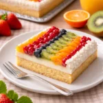 Obstkuchen mit Puddingfüllung auf dem Blech, frisch gebacken und dekoriert.