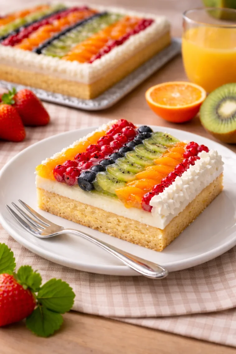 Obstkuchen mit Puddingfüllung auf dem Blech, frisch gebacken und dekoriert.