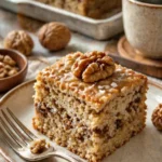 Omas saftiger Walnusskuchen auf einem Teller, garniert mit Nüssen.