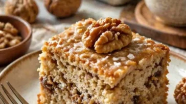 Omas saftiger Walnusskuchen auf einem Teller, garniert mit Nüssen.