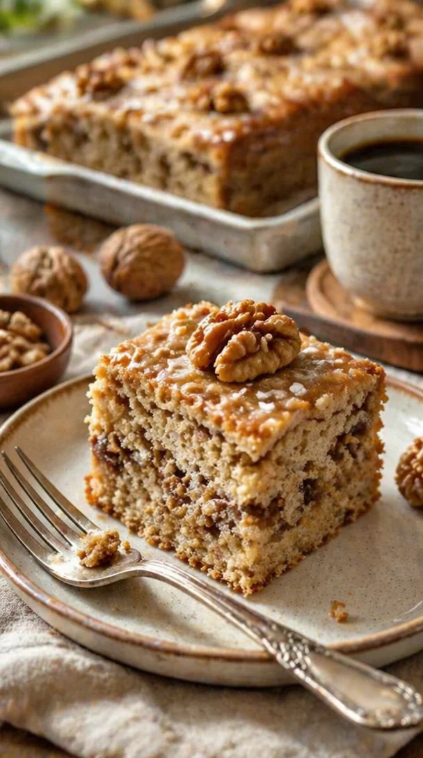 Omas saftiger Walnusskuchen auf einem Teller, garniert mit Nüssen.