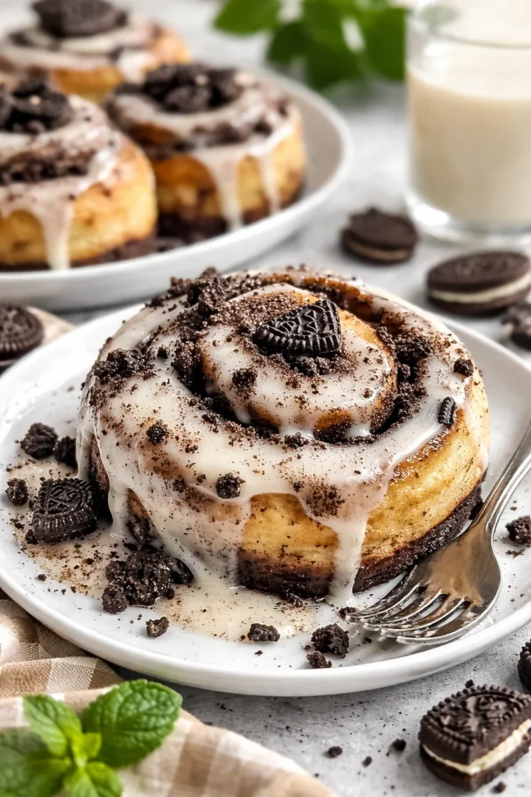 Oreo-Zimtschnecken frisch gebacken, verziert mit Zimt und Schokolade