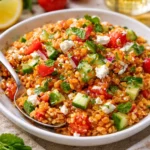 Orientalischer Rote Linsensalat mit Feta auf einem Teller angerichtet