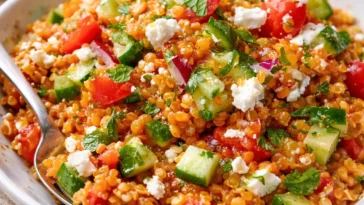 Orientalischer Rote Linsensalat mit Feta auf einem Teller angerichtet