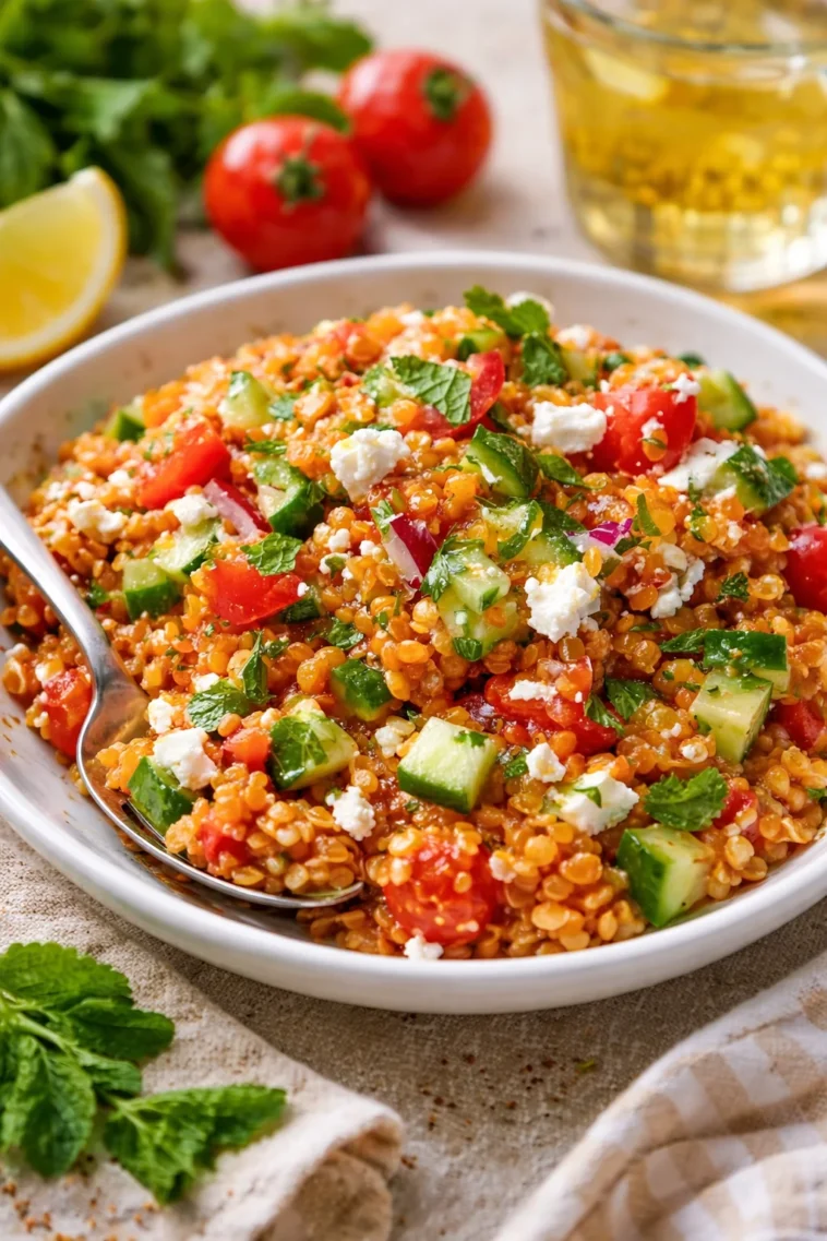 Orientalischer Rote Linsensalat mit Feta auf einem Teller angerichtet