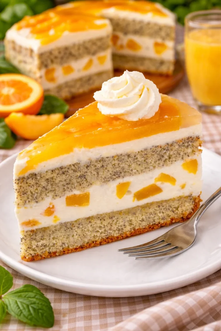 Pfirsichkuchen mit Mohnsamen auf einem Teller serviert