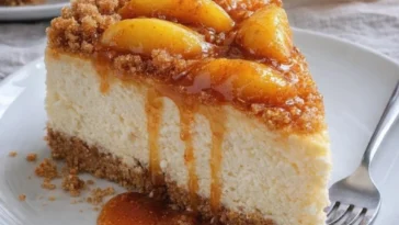 Pfirsich-Cobbler-Käsekuchen mit frischen Pfirsichen und Käsekuchenfüllung