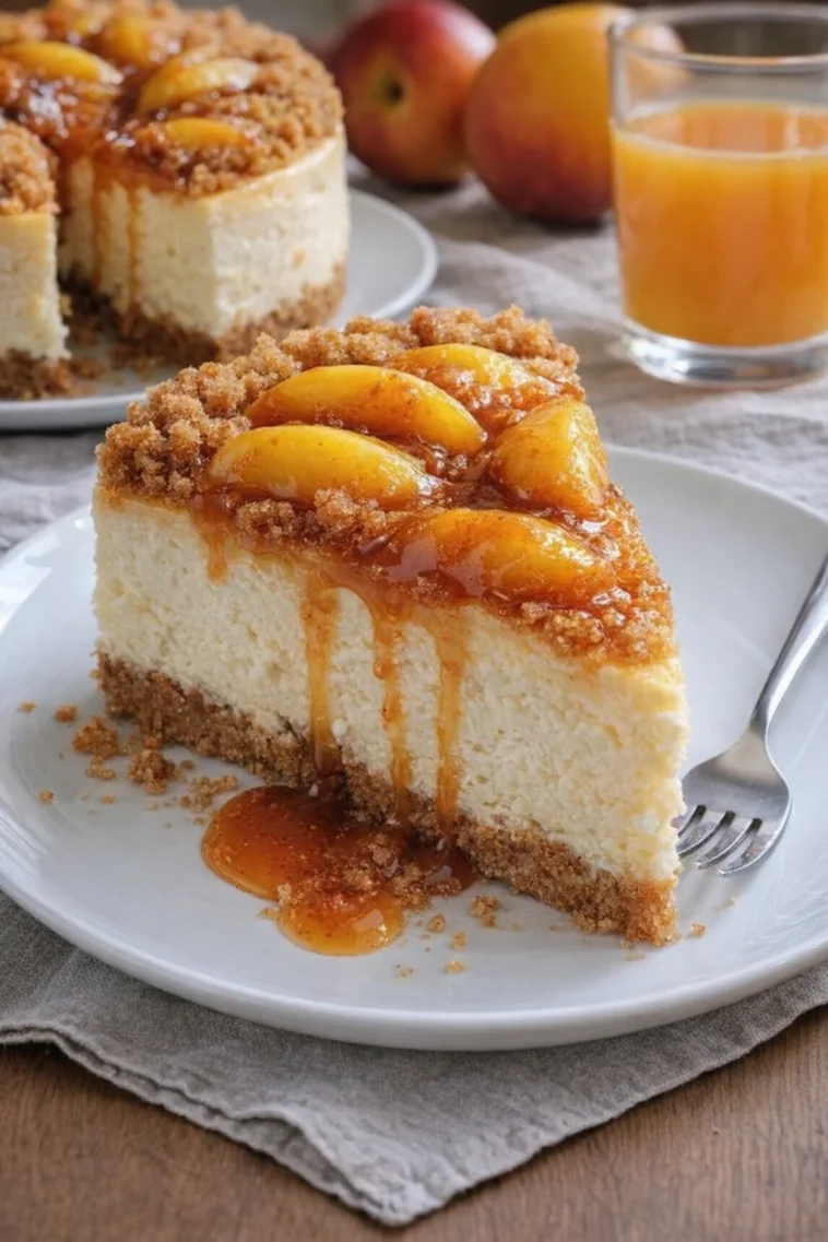 Pfirsich-Cobbler-Käsekuchen mit frischen Pfirsichen und Käsekuchenfüllung