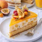 Pfirsich-Maracuja-Torte auf einem Teller, dekoriert mit frischen Früchten.